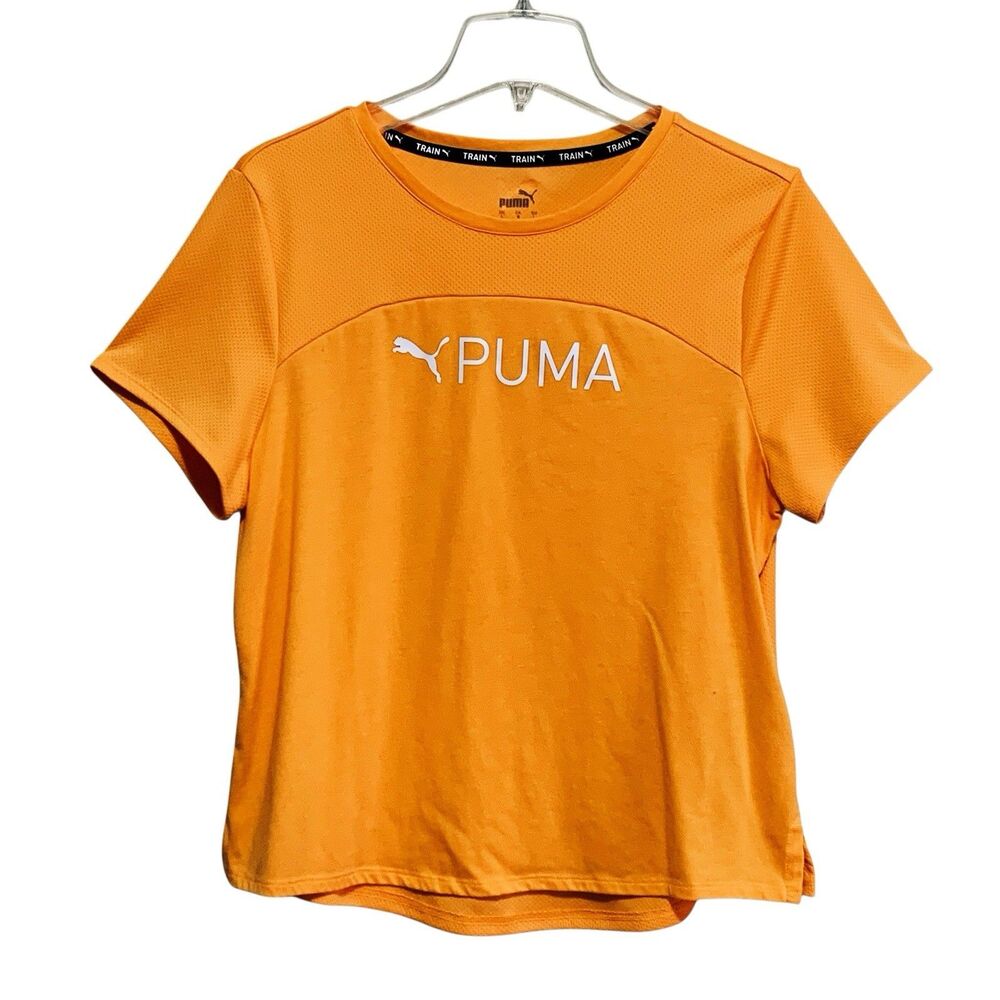 Puma T-Shirt Top Womens Size Large Orange Activewear Short Sleeve Stretch Logo